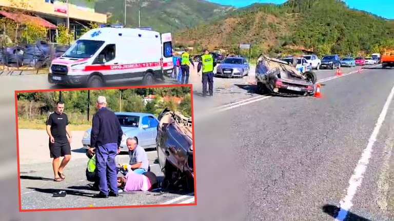 Përplasen 2 makina në rrugë, njëra përmbyset në mes të rrugës