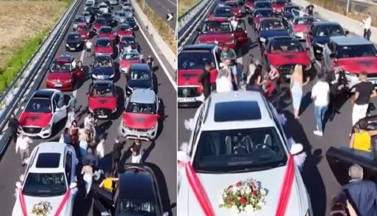 Bllokuan autostradën me makinat e dasmës, Policia Rrugore identifikon të rinjtë: Makinat janë të marra me qira, do t’i sekuestrojmë