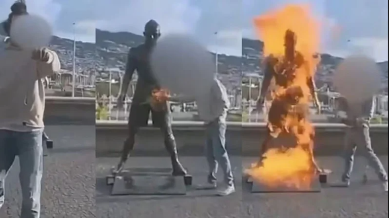 “Paralajmërimi i fundit i Zotit”, agresori i vë flakën statujës së Kristiano Ronaldos (Fotot-Video)
